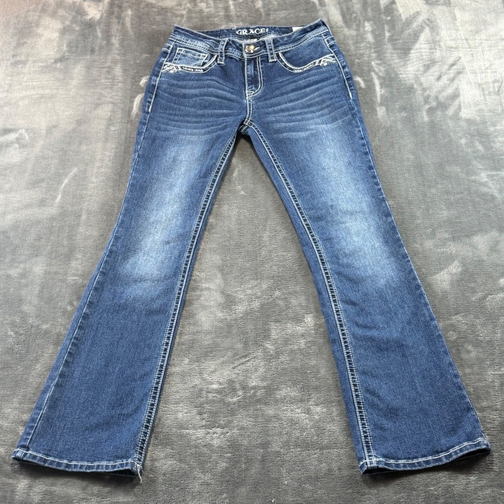 Grace in LA Womens Bootcut Jeans Size 3/26 Medium Wash Embroidered Studded Denim